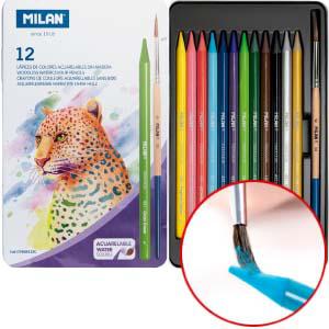 Akvarēļu zīmuļi 12 krāsas metāla kastītē, bezkoksnes, Milan Akvarēļu zīmuļi 12 krāsas metāla kastītē, bezkoksnes, Milan